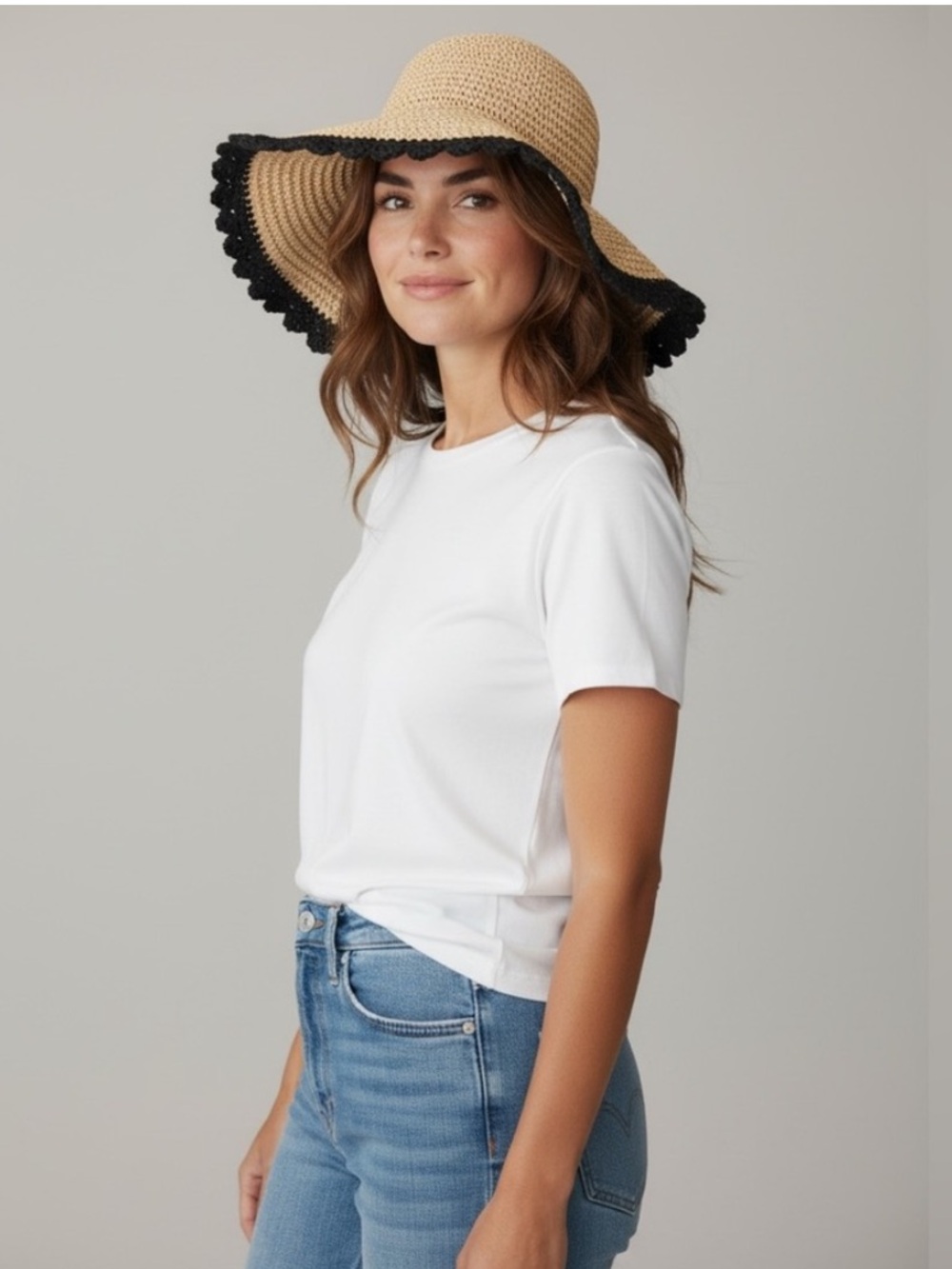 Kokin New York Crochet Straw Sun Hat with Black Trim